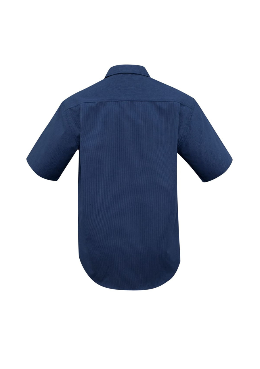 A navy blue short sleeve button-up shirt featuring a micro check pattern and a collar, with a branded logo.