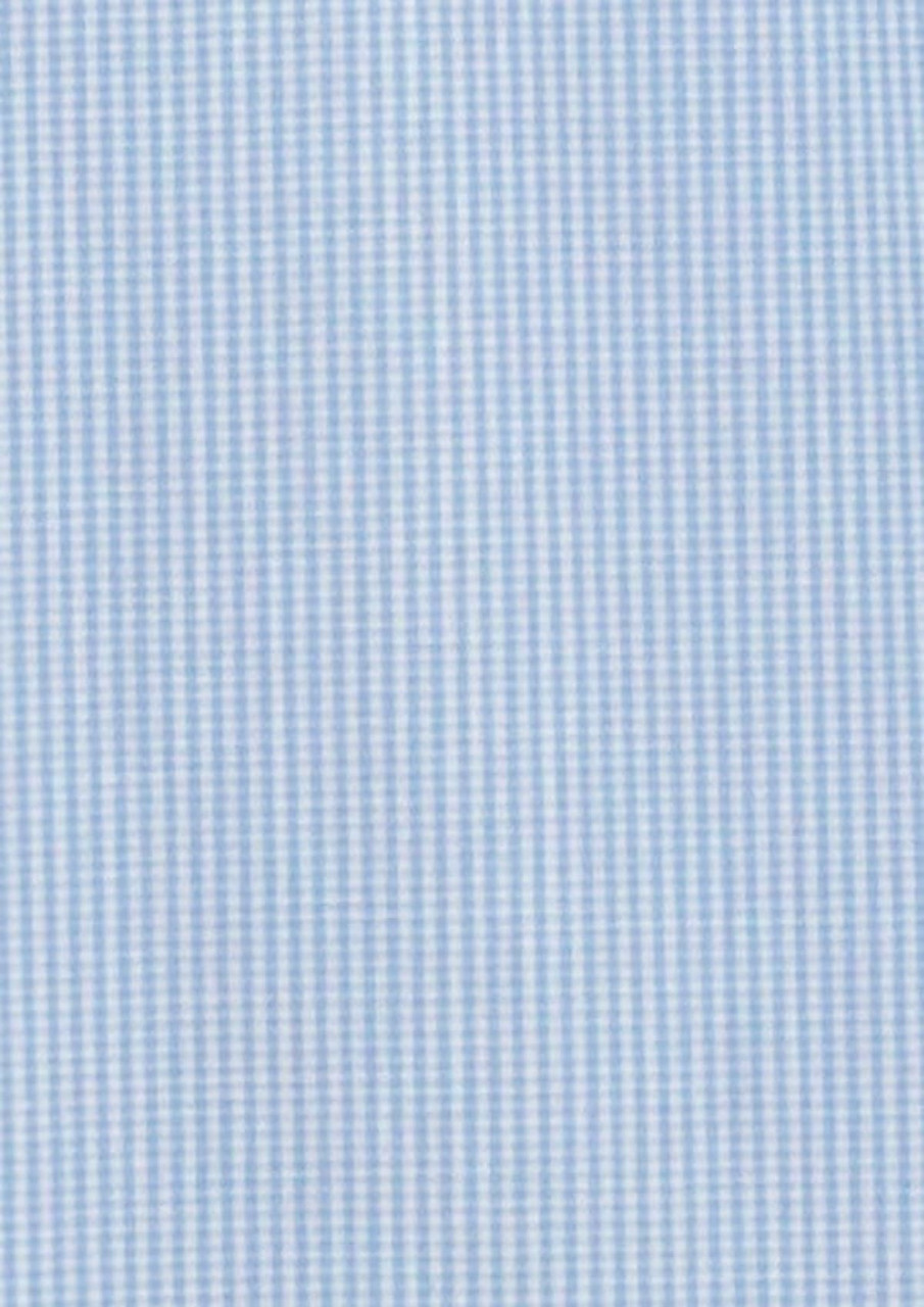 A light blue micro check fabric ideal for a men's button-up shirt, featuring a subtle check pattern and a branding logo.