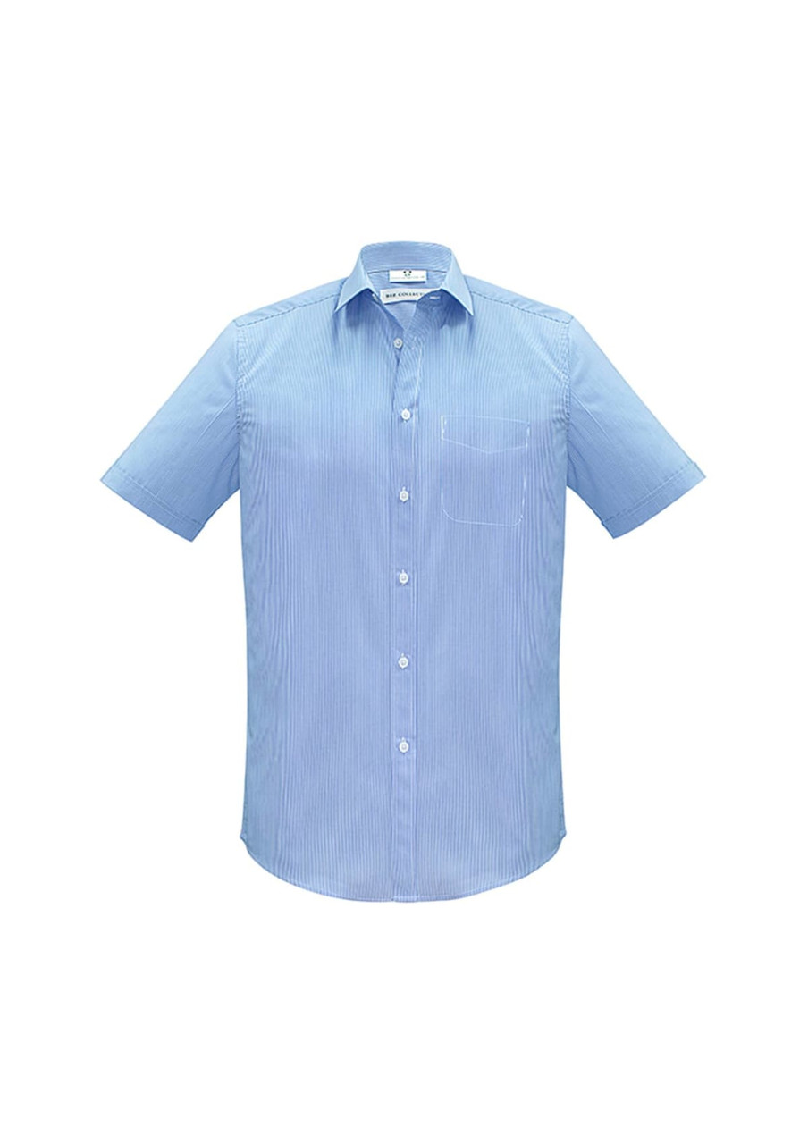 A light blue short sleeve button-up shirt with a single chest pocket and a subtle striped pattern.