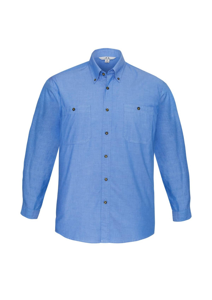 A blue chambray long sleeve shirt with button-up front and two chest pockets. Features branded buttons.