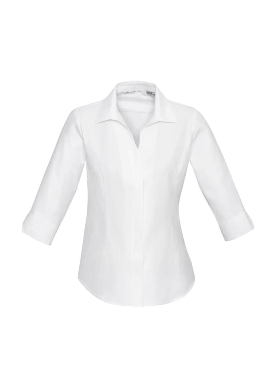 A white women's button-up shirt with 3/4 sleeves and a collared neckline, featuring a logo.