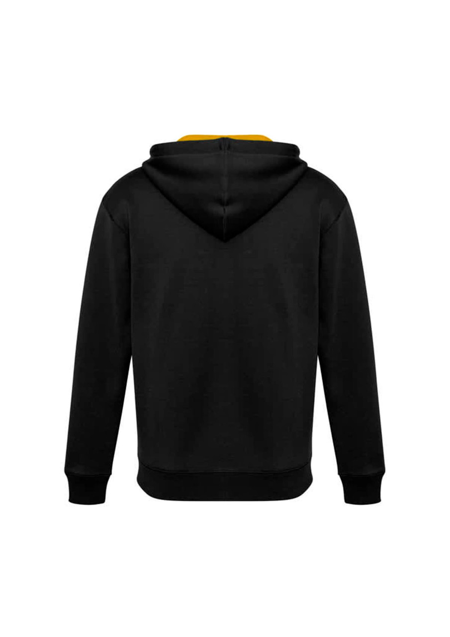 A black hoodie with a yellow inner lining and a hood, featuring a logo on the back.
