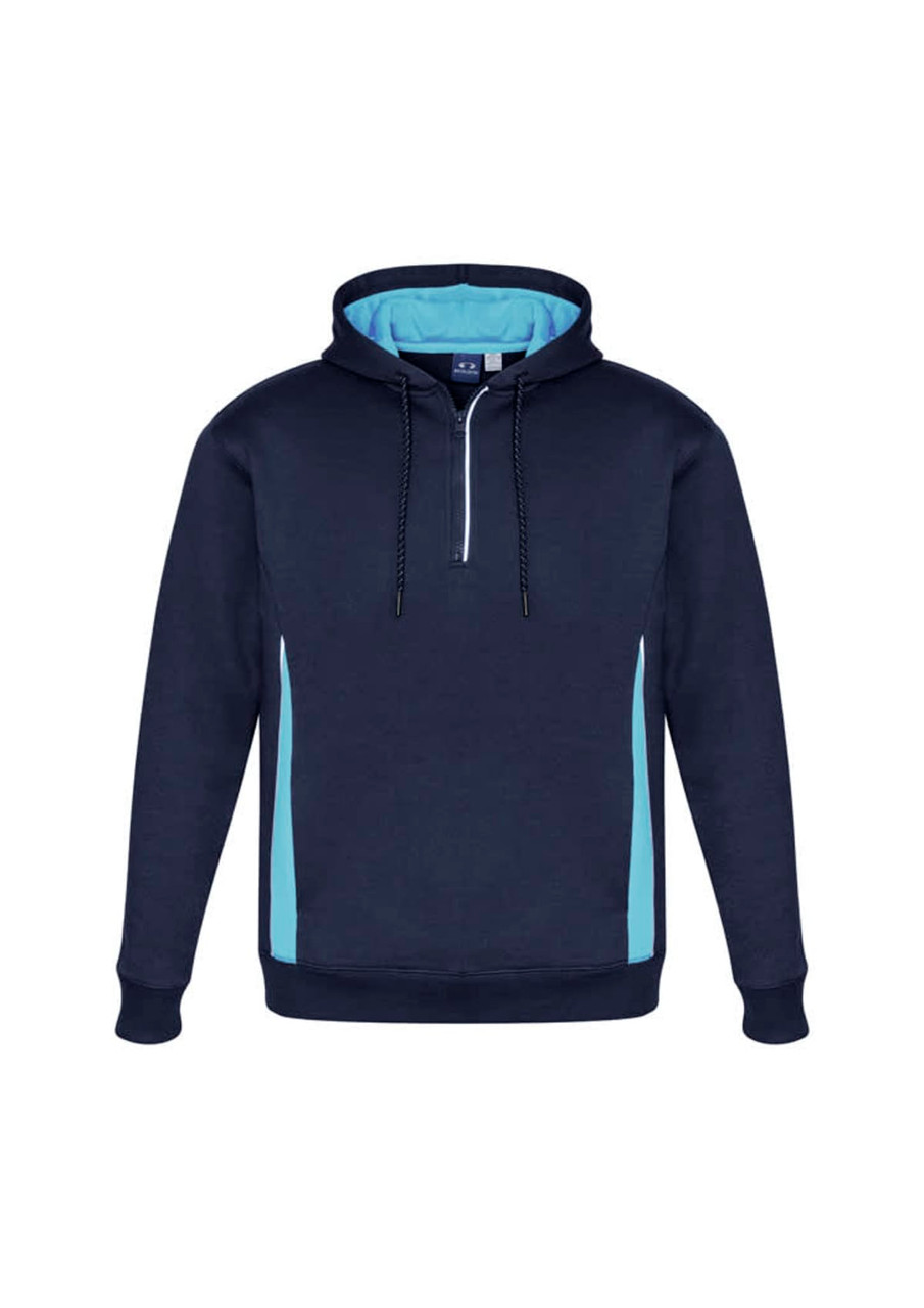 Unisex navy hoodie with light blue side panels and a zippered collar. Features a drawstring and a logo.