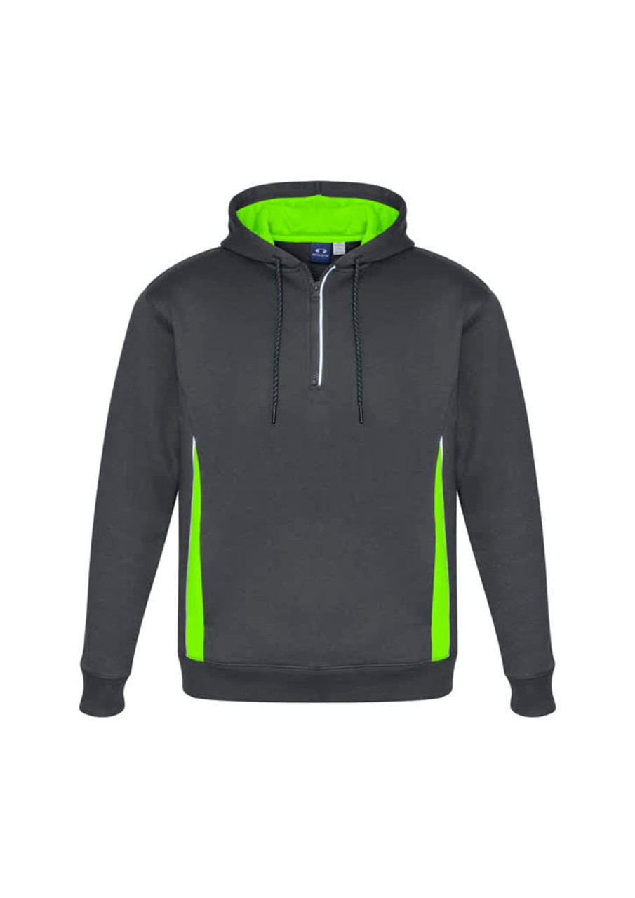 A grey unisex hoodie featuring bright lime green accents and a front zipper. It has a logo on the chest.