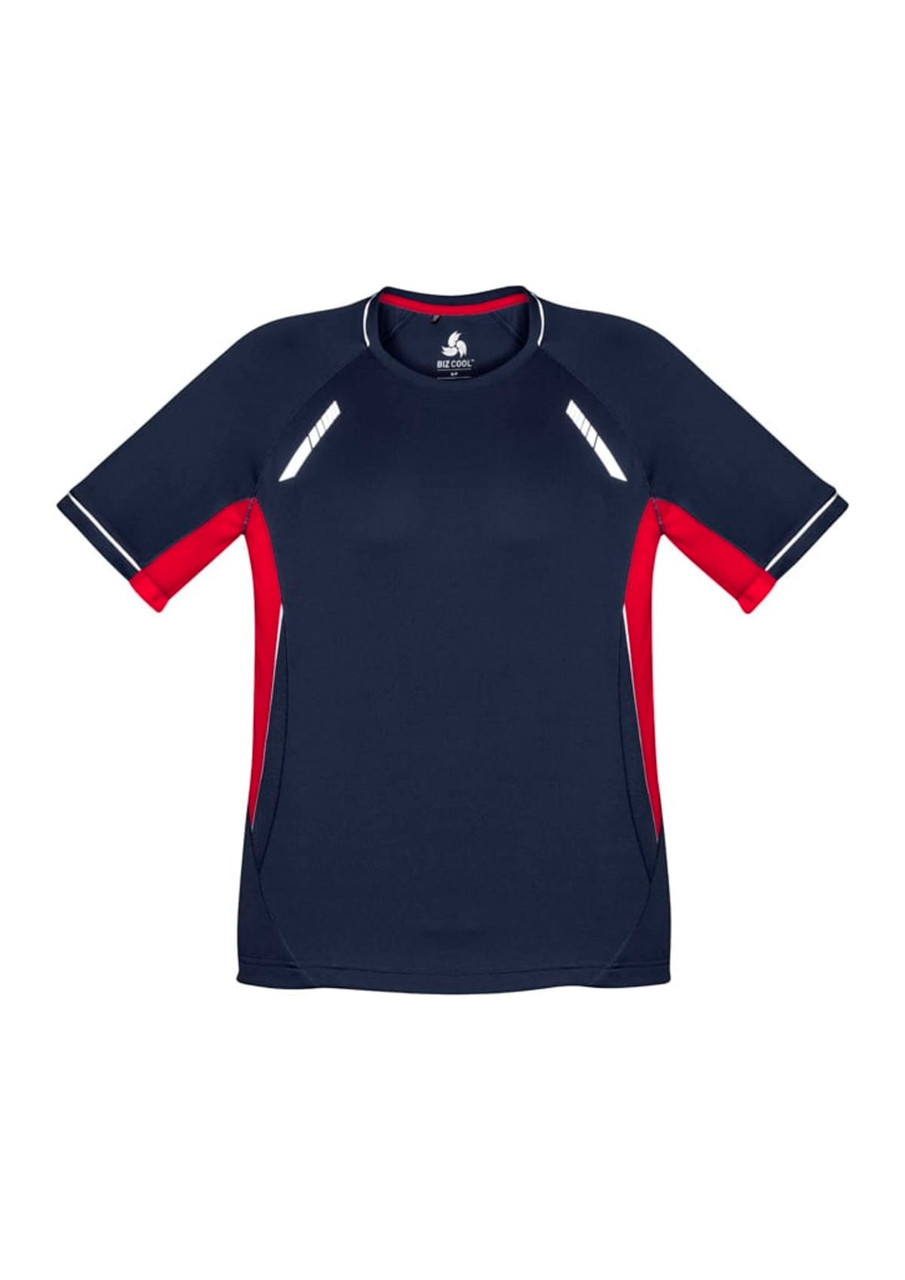 A navy blue short sleeve tee with red accents and reflective details, featuring a logo.
