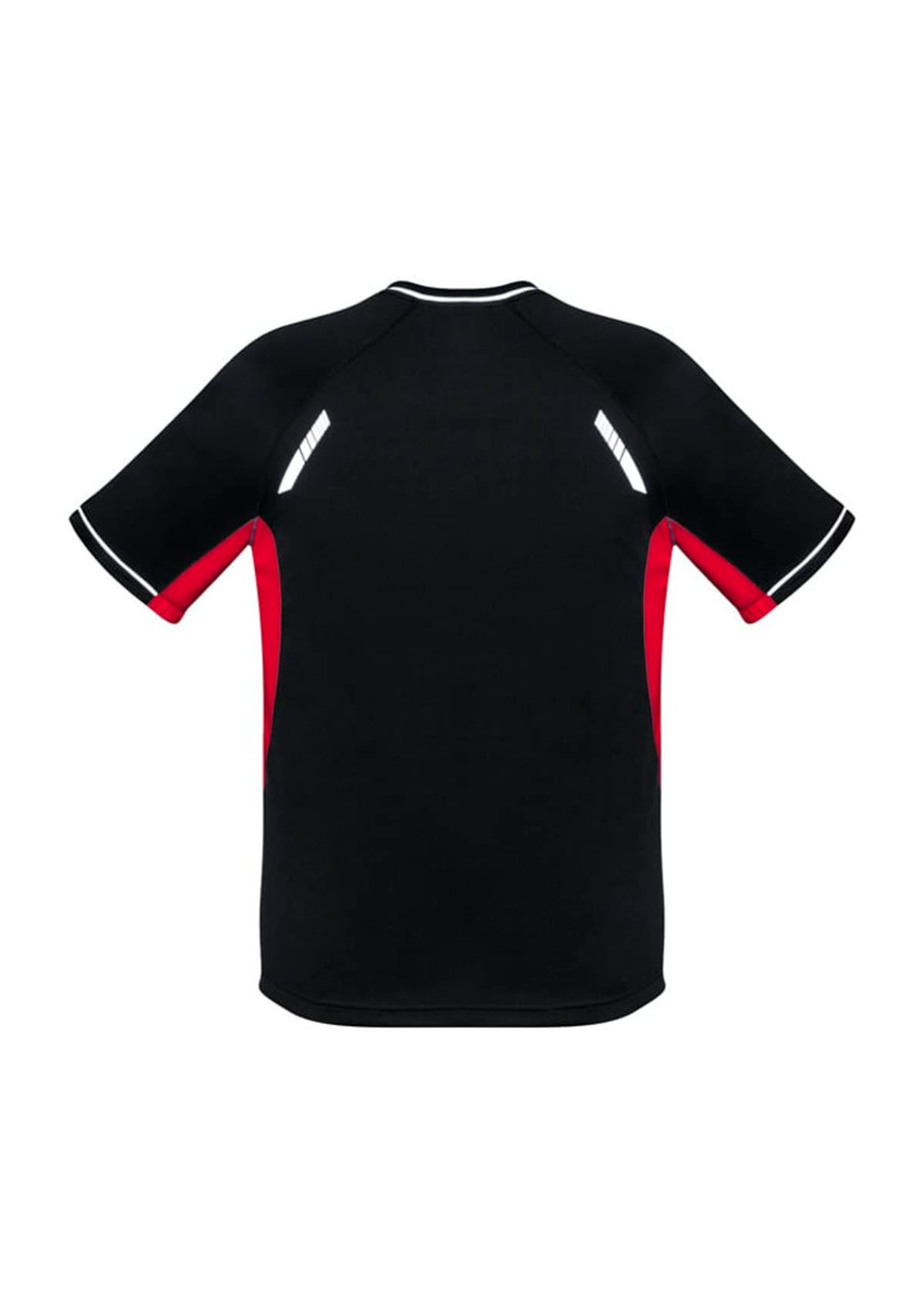 A black and red short sleeve tee featuring reflective accents and a logo on the back.