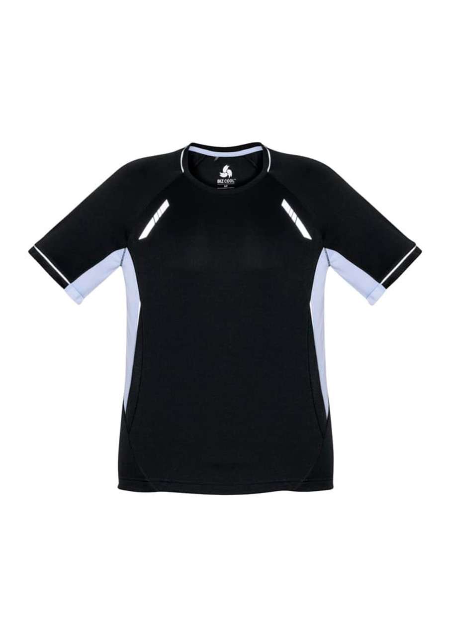 A black short sleeve tee with light blue accents and a logo on the upper front.