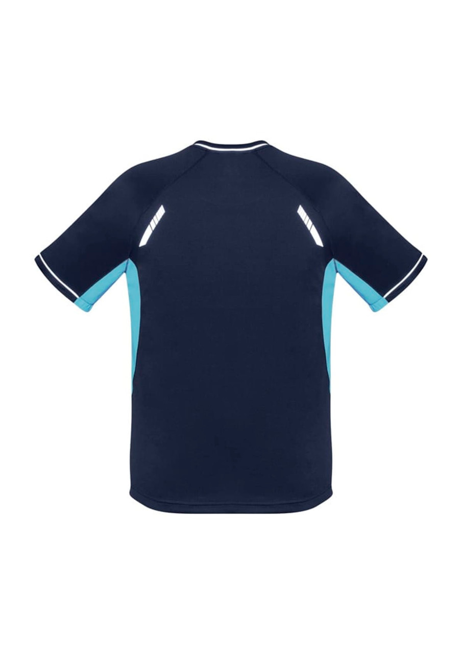 A navy blue short sleeve tee with light blue accents and reflective detailing, featuring a logo.