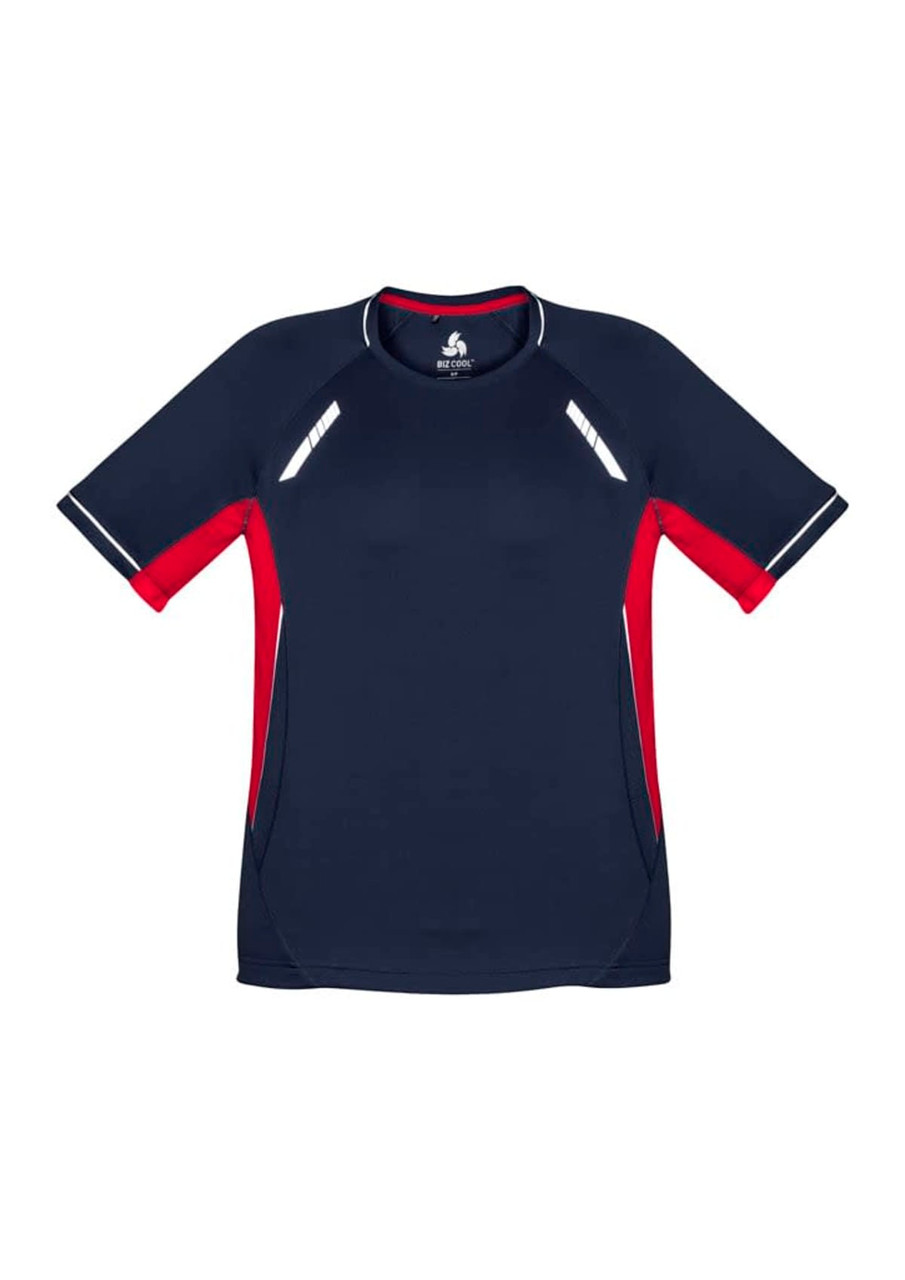 A men's short sleeve tee in navy with red accents and reflective detailing, featuring a logo.