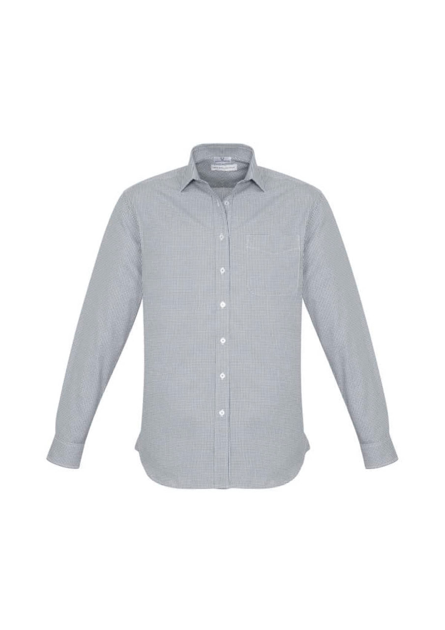 A long sleeve button-up shirt in a grey and white striped pattern, featuring a collar and buttons.