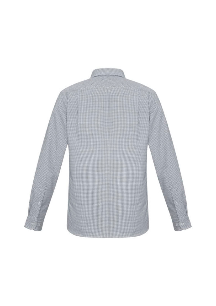 A long-sleeve, button-up shirt in a light grey and white striped pattern, featuring a classic collar and cuffs.
