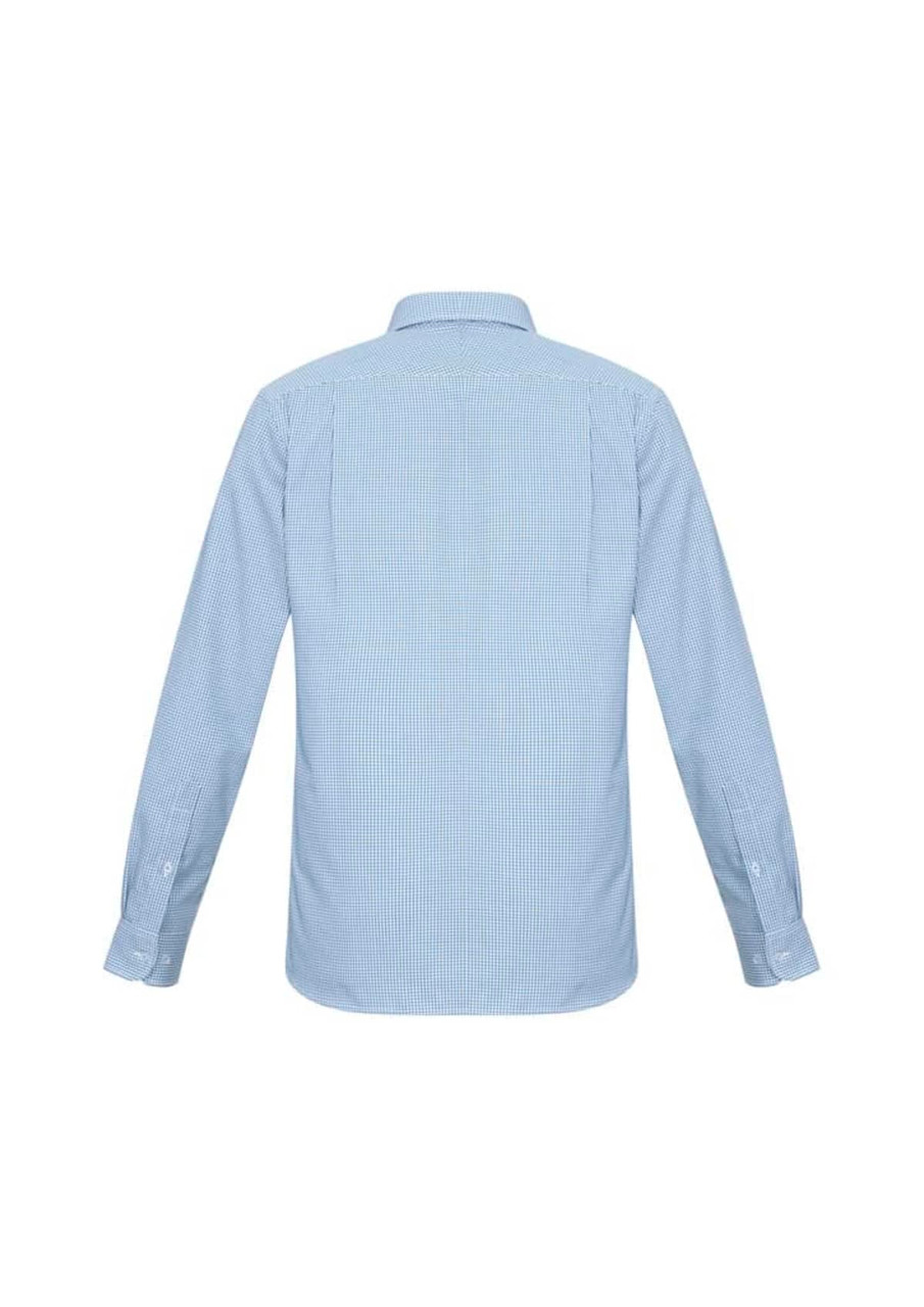 A long sleeve button-up shirt in light blue with a striped pattern and a back view. It features a collar and has a logo.