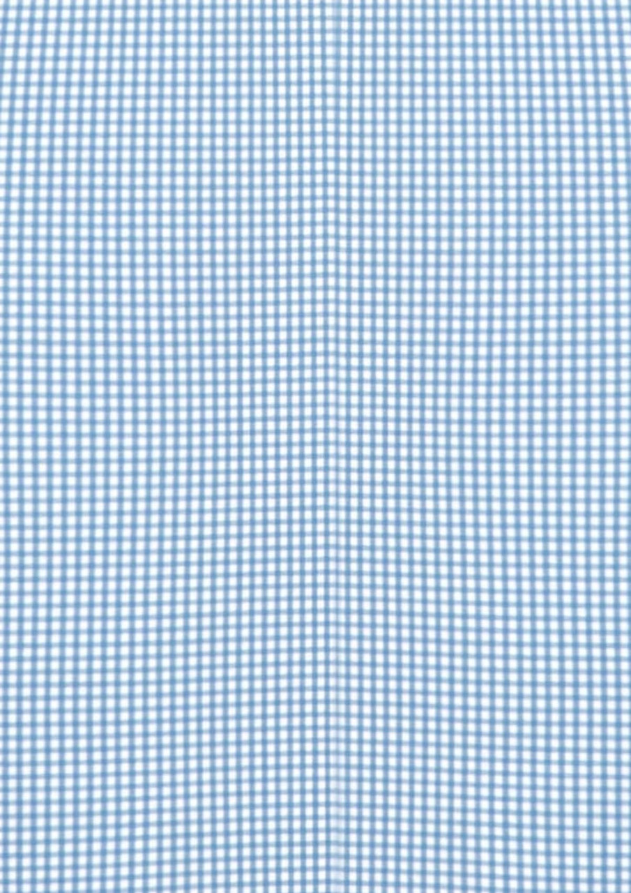 A blue and white check patterned long sleeve shirt in a button-up style with a logo.