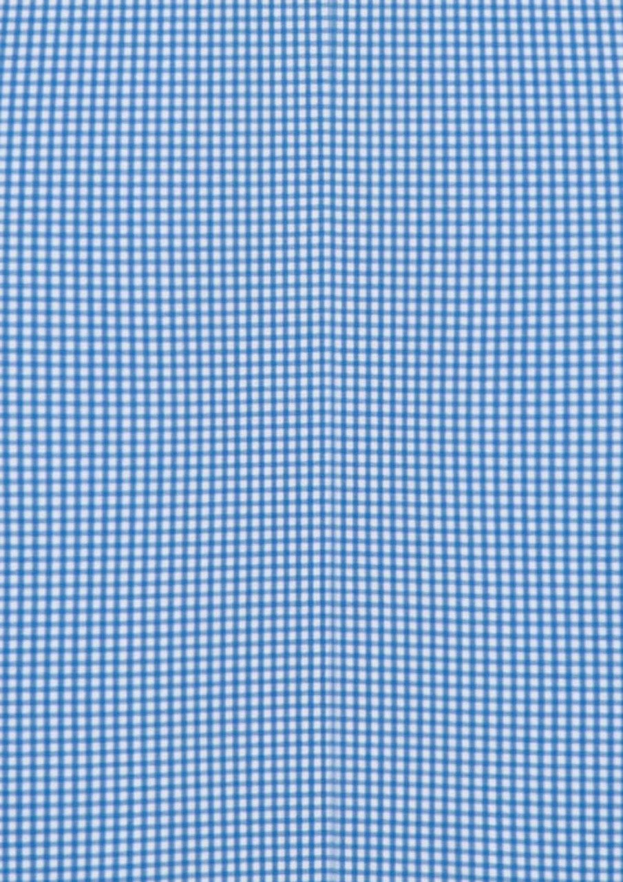 A blue checkered long sleeve button-up shirt with a subtle pattern and a logo.