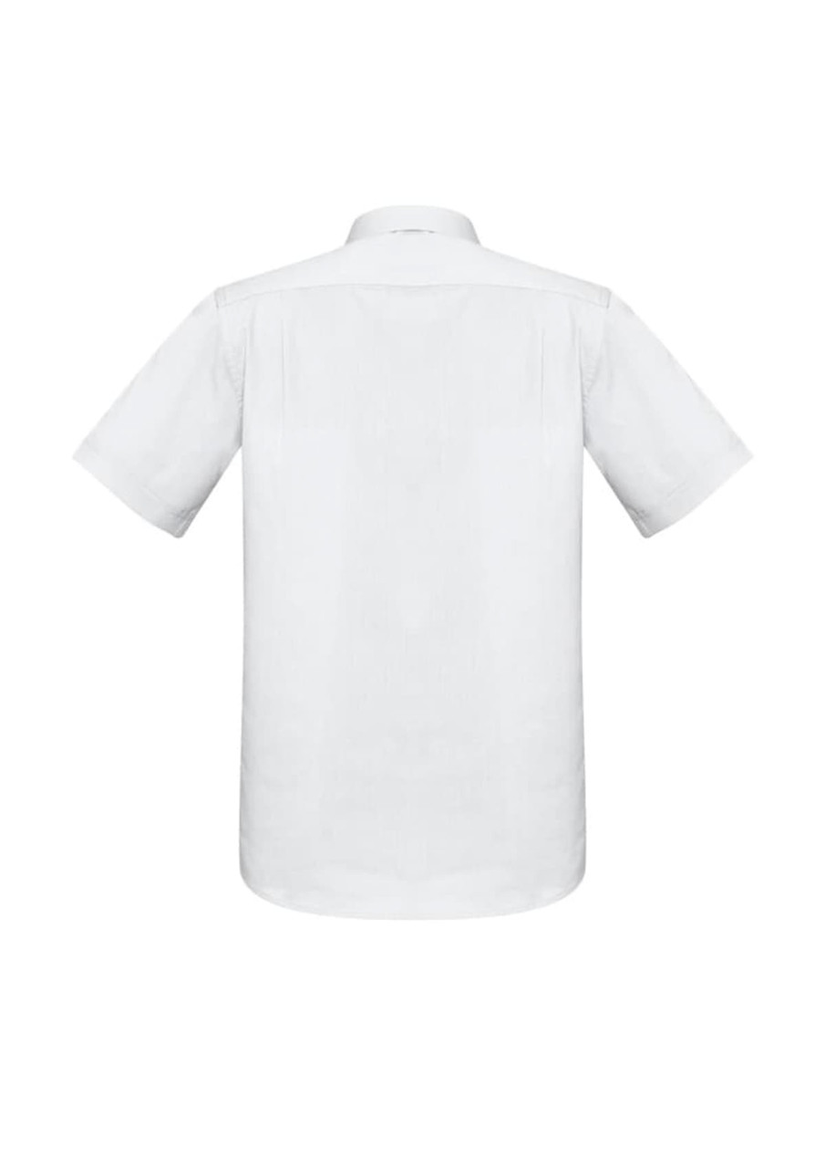 A short-sleeve, button-up shirt in white, featuring a back view and a logo detail.