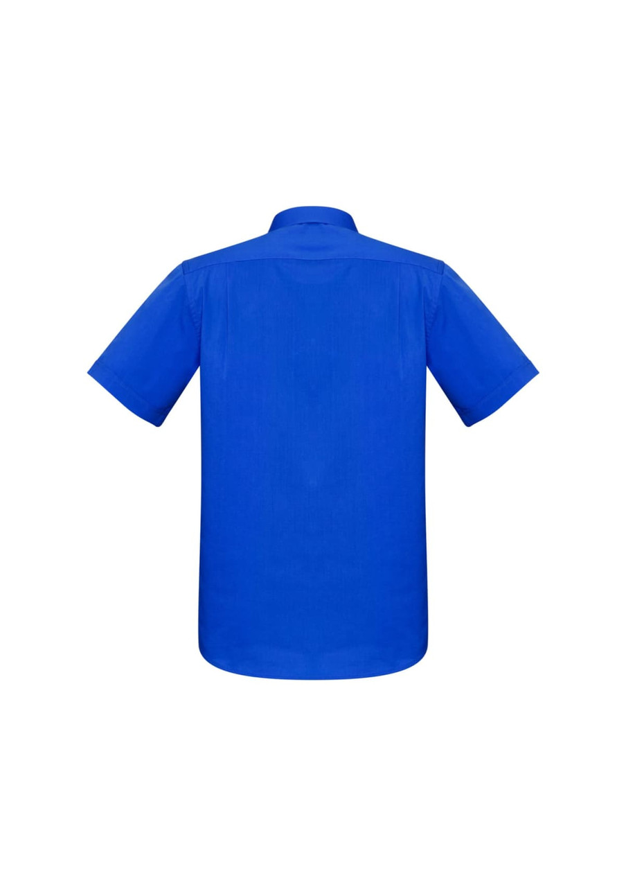 A blue men's short sleeve button-up shirt with a back yoke and collar, featuring a logo.