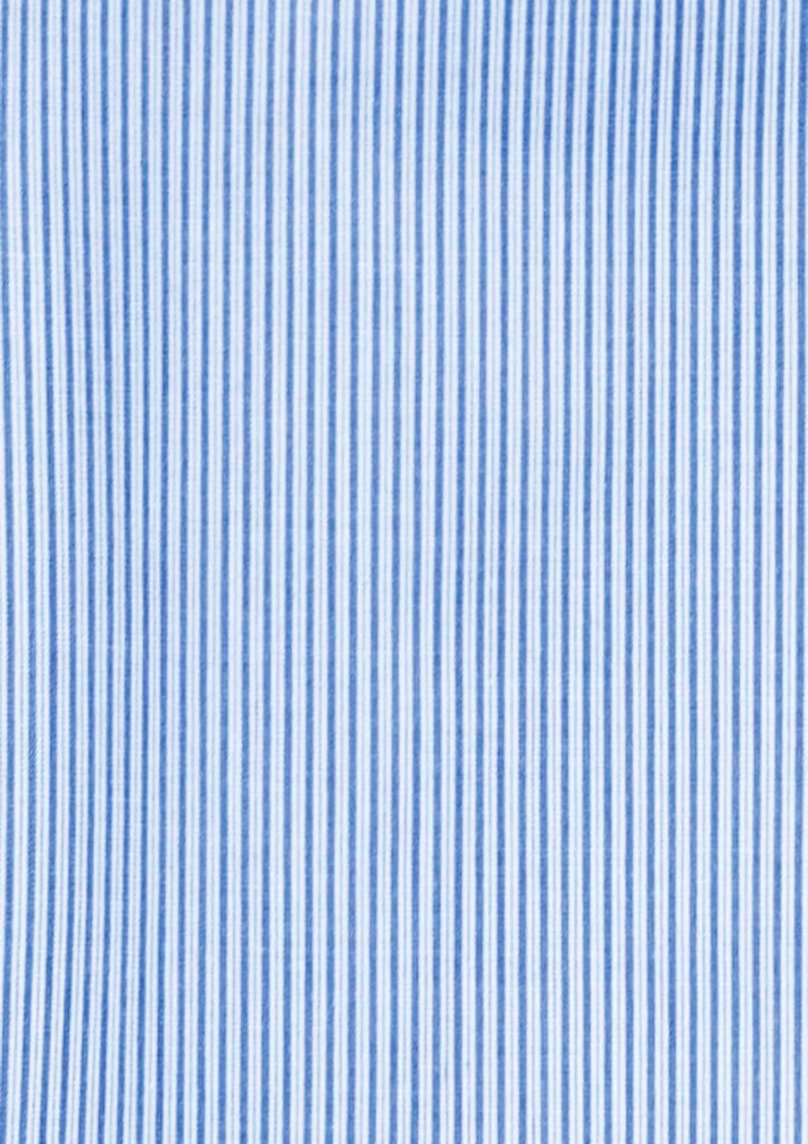 A blue and white striped fabric, featuring vertical lines, suitable for a men's short sleeve button-up shirt.