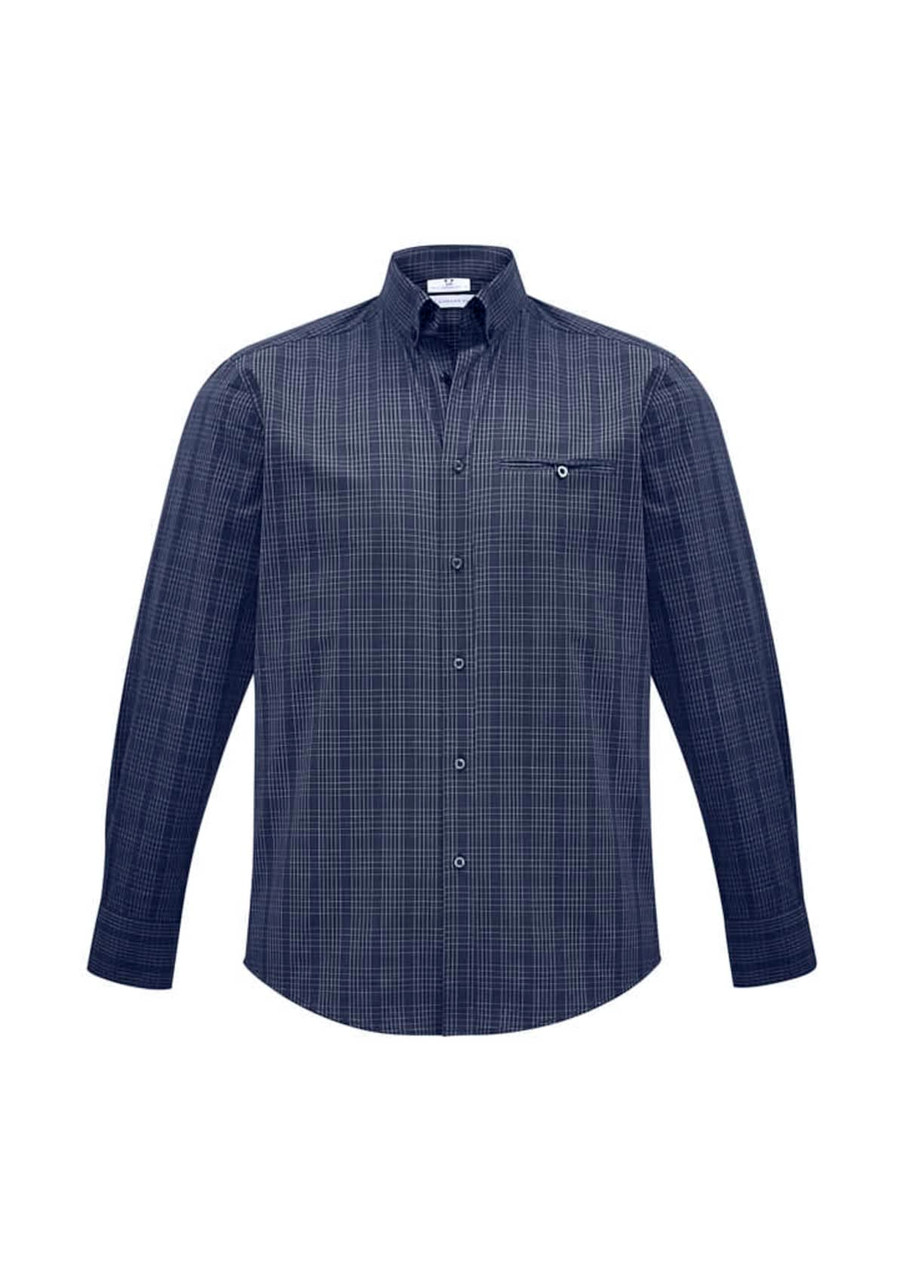 A men's long sleeve button-up shirt in navy with a checkered pattern and a chest pocket, featuring a logo.