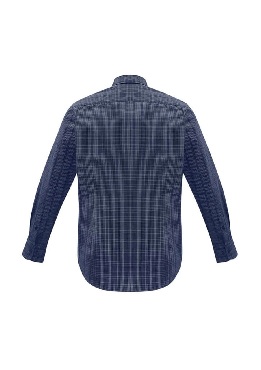 A navy check long sleeve shirt with a button-up design and a back view. It features a logo.