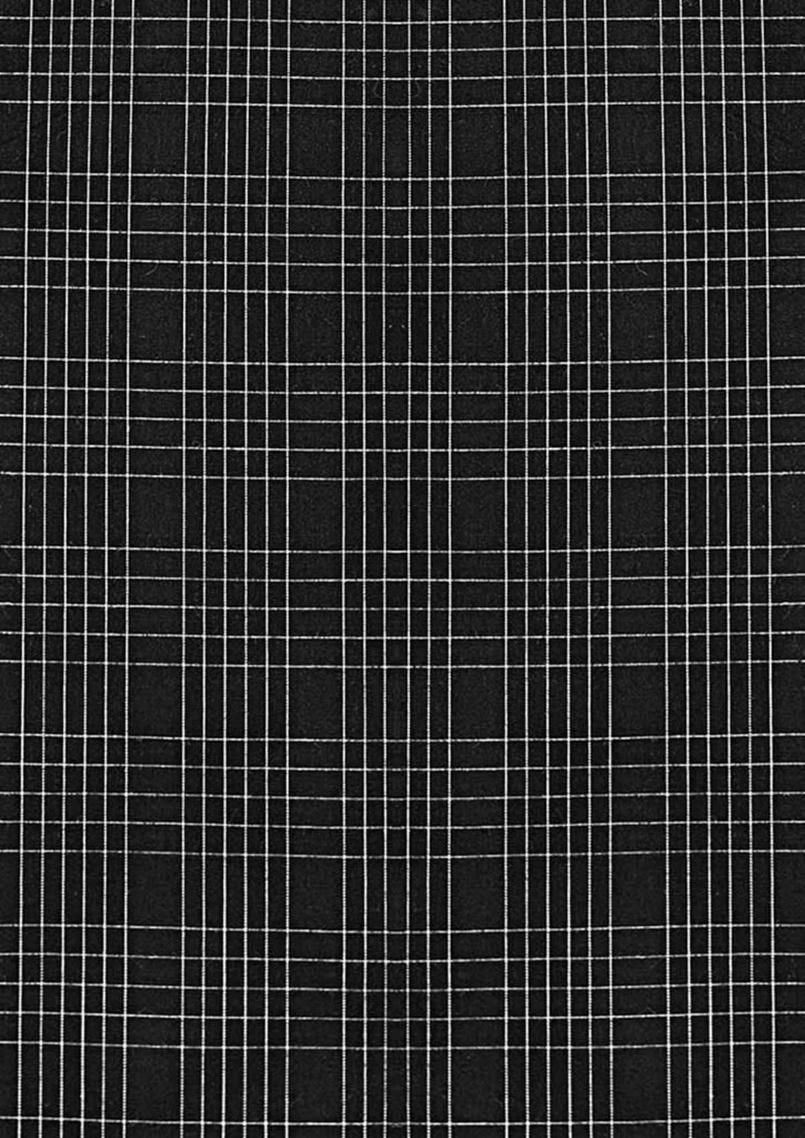 A patterned fabric featuring a black background with white grid lines, suitable for men's long sleeve shirts.
