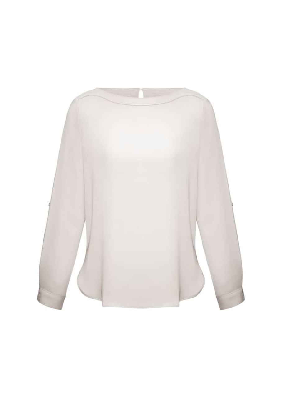 A light cream women's shirt with a boat neckline and long sleeves, featuring button details on the cuffs.