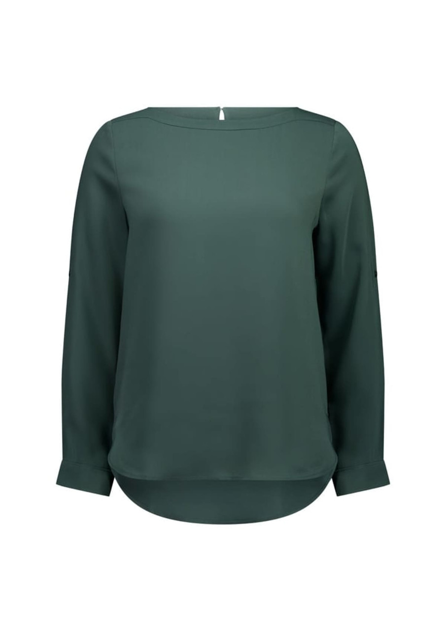A women's boatneck top in a deep green colour, featuring long sleeves and a curved hemline.