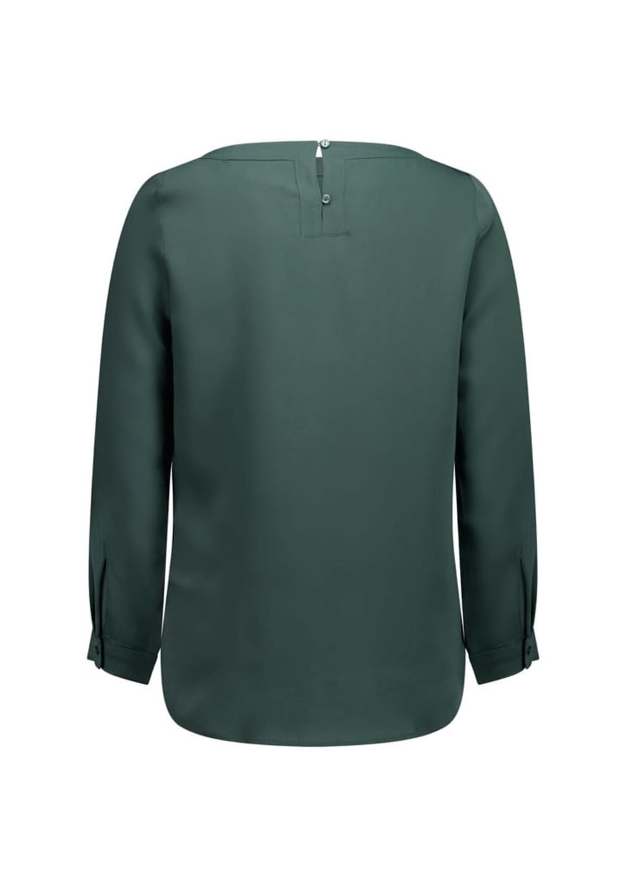 A green women's boatneck top with long sleeves and a back button closure. Features a subtle branding logo.