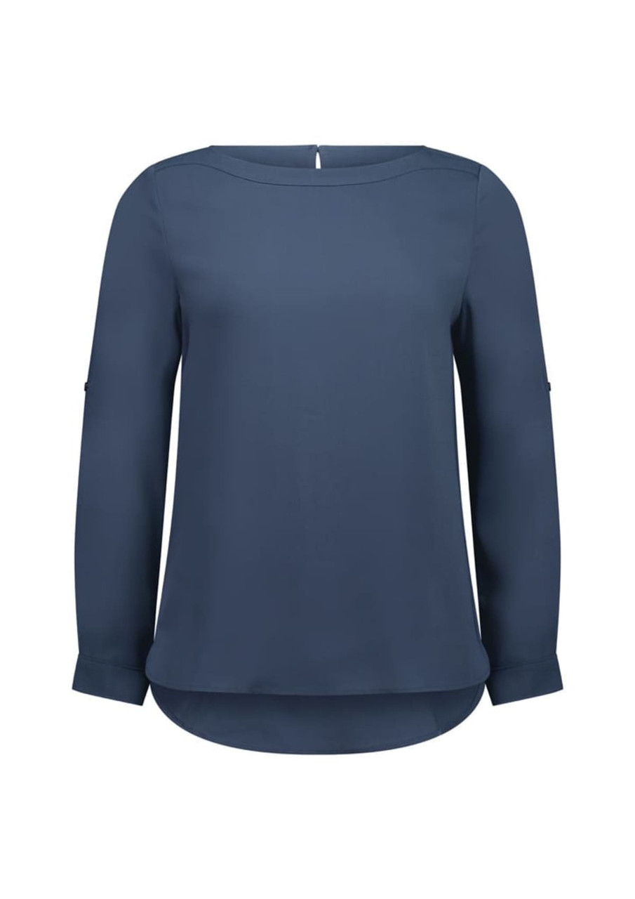 A navy blue boatneck top with long sleeves and a curved hem, featuring a subtle logo on the garment.