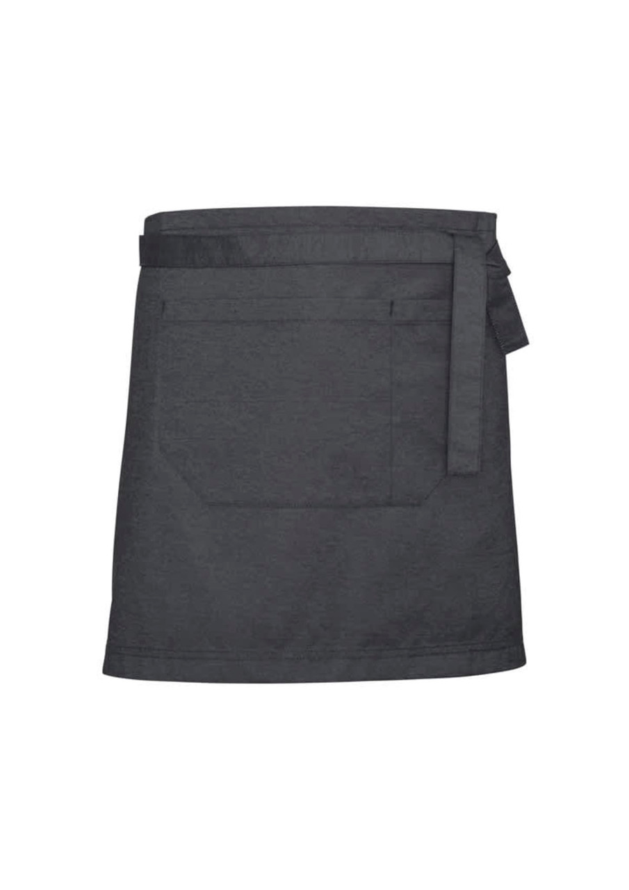A dark grey waist apron featuring a tie waist closure and a large front pocket. It has a subtle textured design and includes a logo.