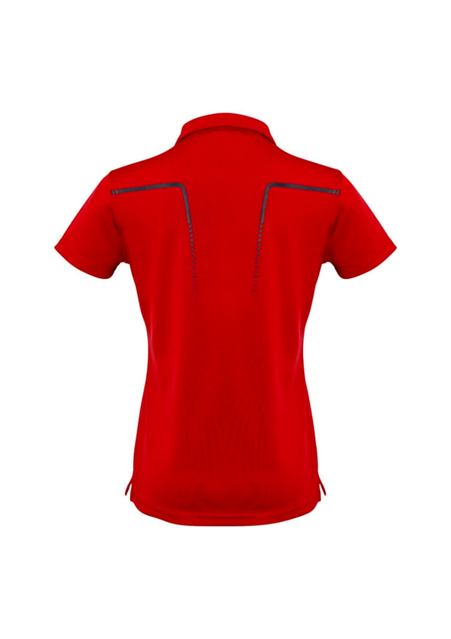 A women's short sleeve polo in vibrant red with a unique design at the back and a branding logo.