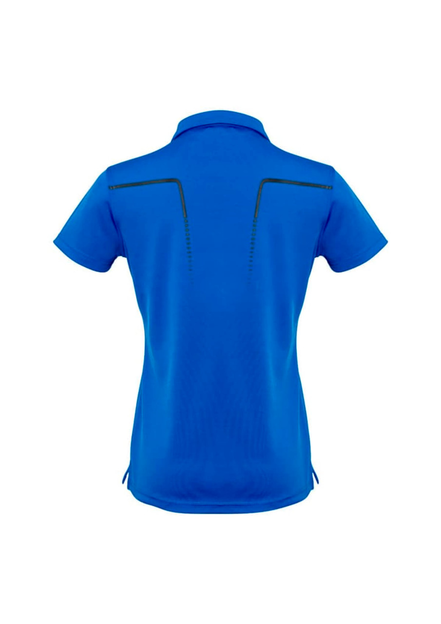 A blue women's short sleeve polo shirt featuring a back design with black detailing and a logo.