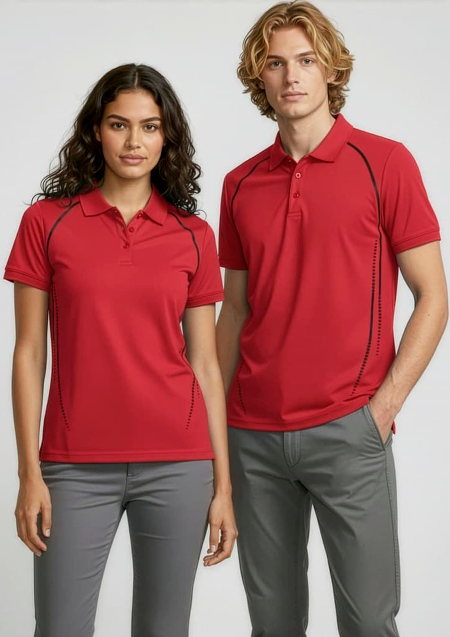 A red women's short sleeve polo shirt with black accents and a logo, displayed on a model.