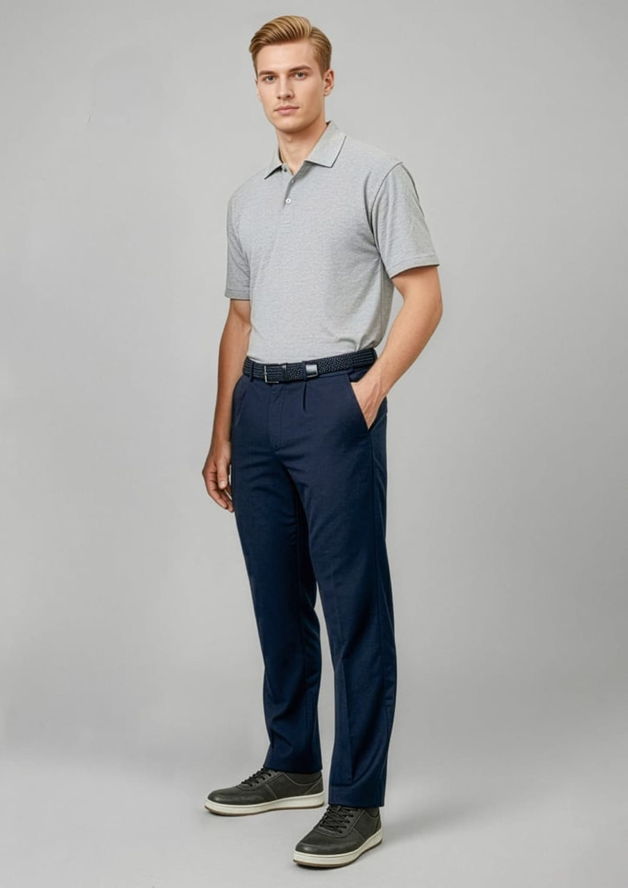 Men's slacks in navy blue, paired with a grey polo shirt, featuring a logo on the shirt.