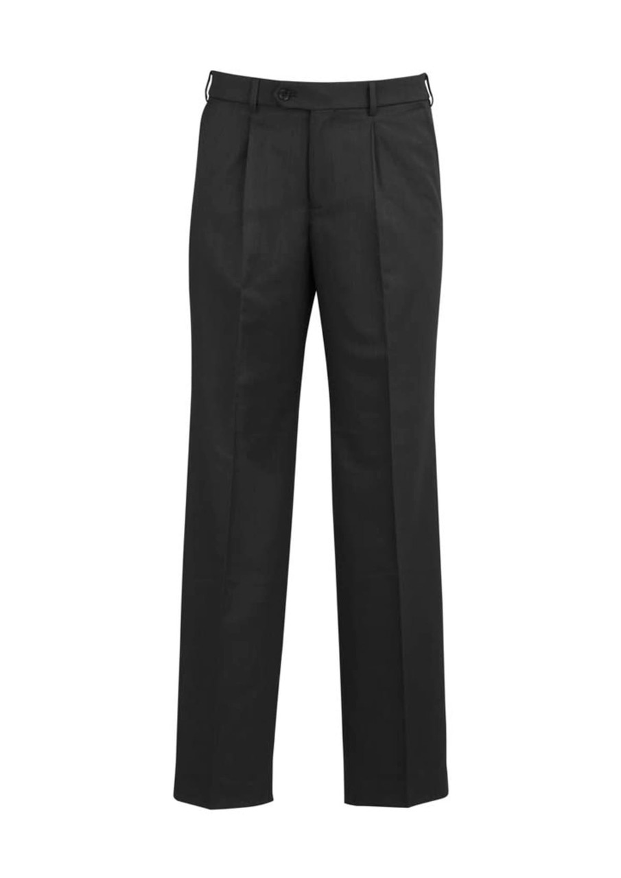 Classic pleat pants in black, featuring a tailored fit and a logo on the waistband.
