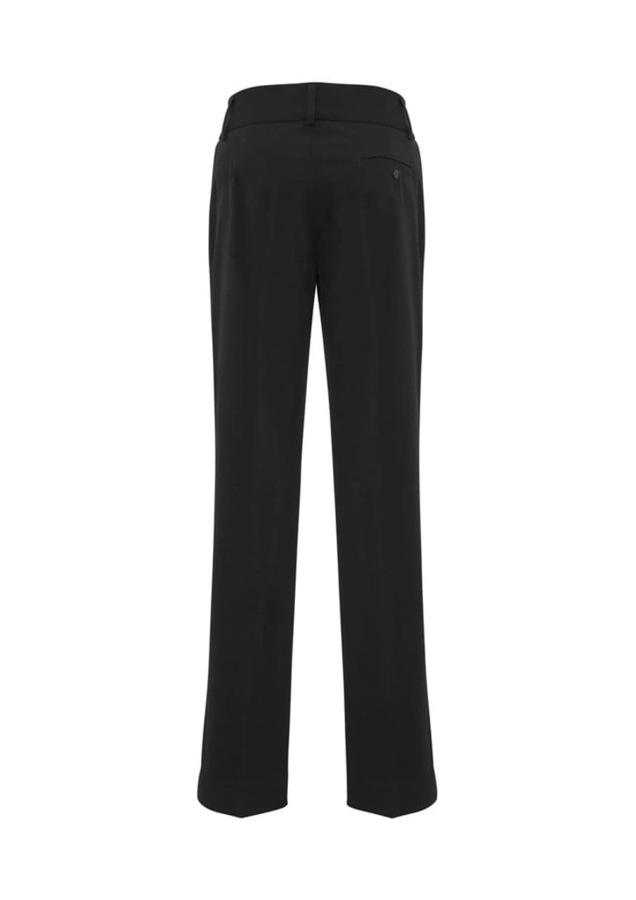 Black women's slacks with a straight-leg design, featuring a back pocket and a waistband. Includes a logo.