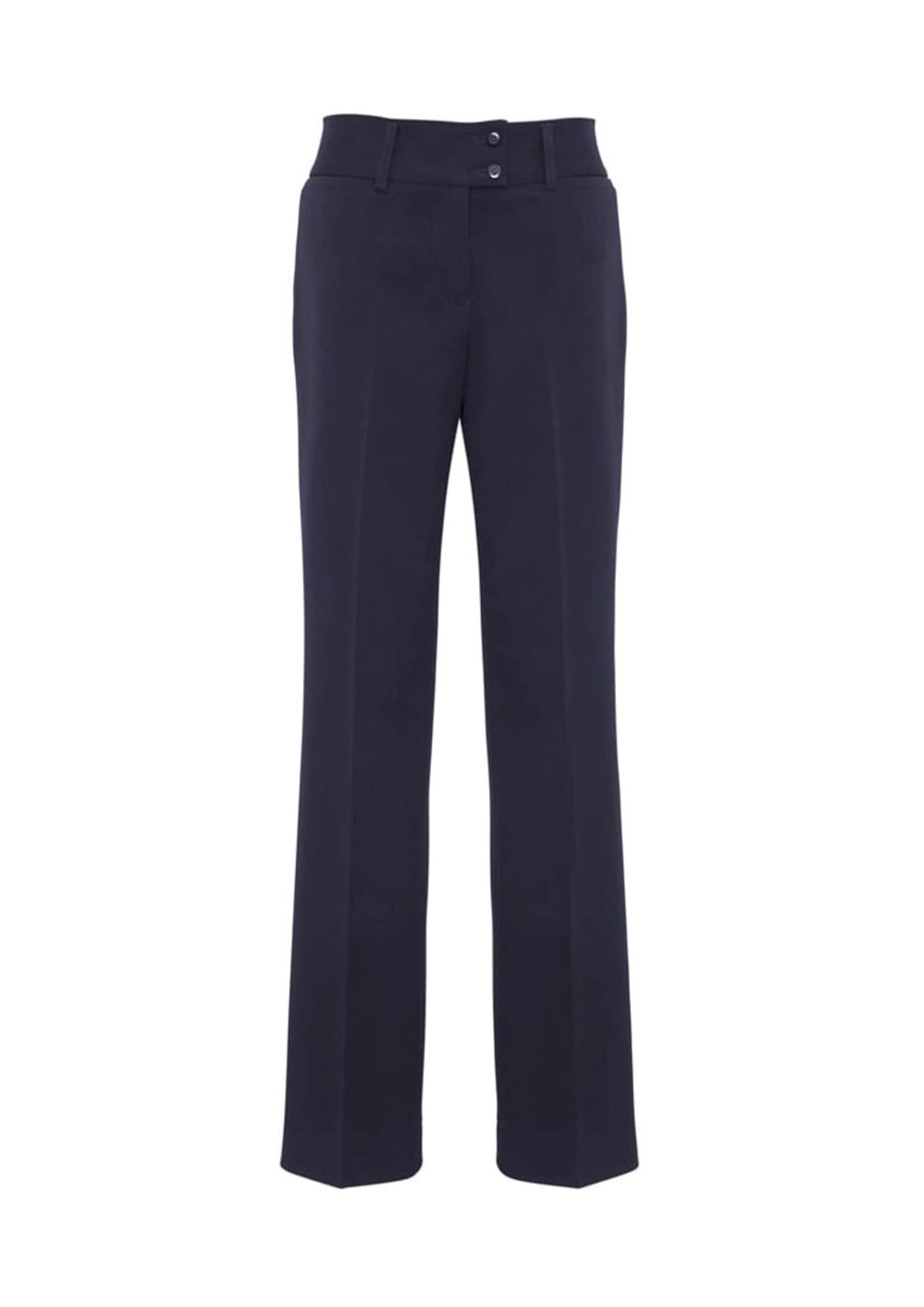 A pair of black slacks with a smooth finish and two front buttons. Features a tailored fit and straight leg design.