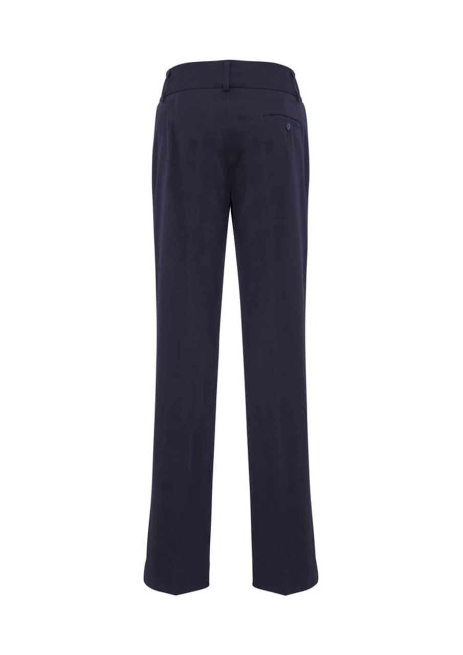 Navy slacks with a straight-leg cut and pockets at the back, featuring a logo on the waistband.