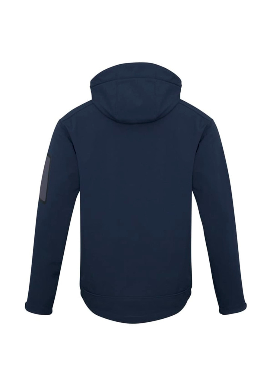 A soft shell jacket in navy blue featuring a hood and a logo on the sleeve.
