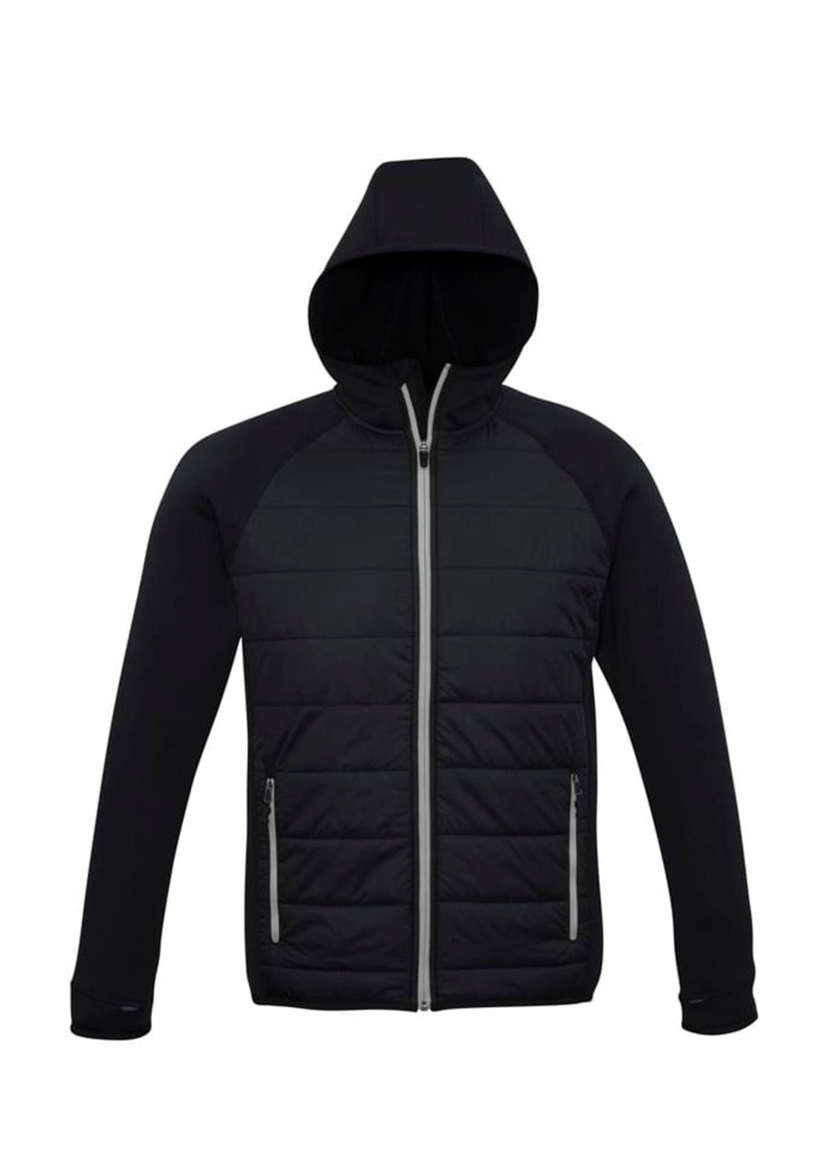 A puffer jacket in black with a hood and zippered pockets, featuring a logo.