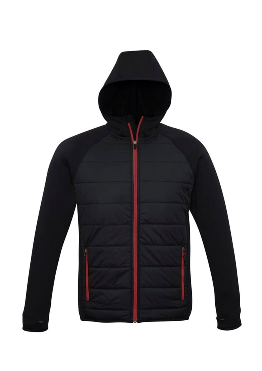 A black puffer jacket with a hood and red detailing, featuring zippered pockets and a logo.