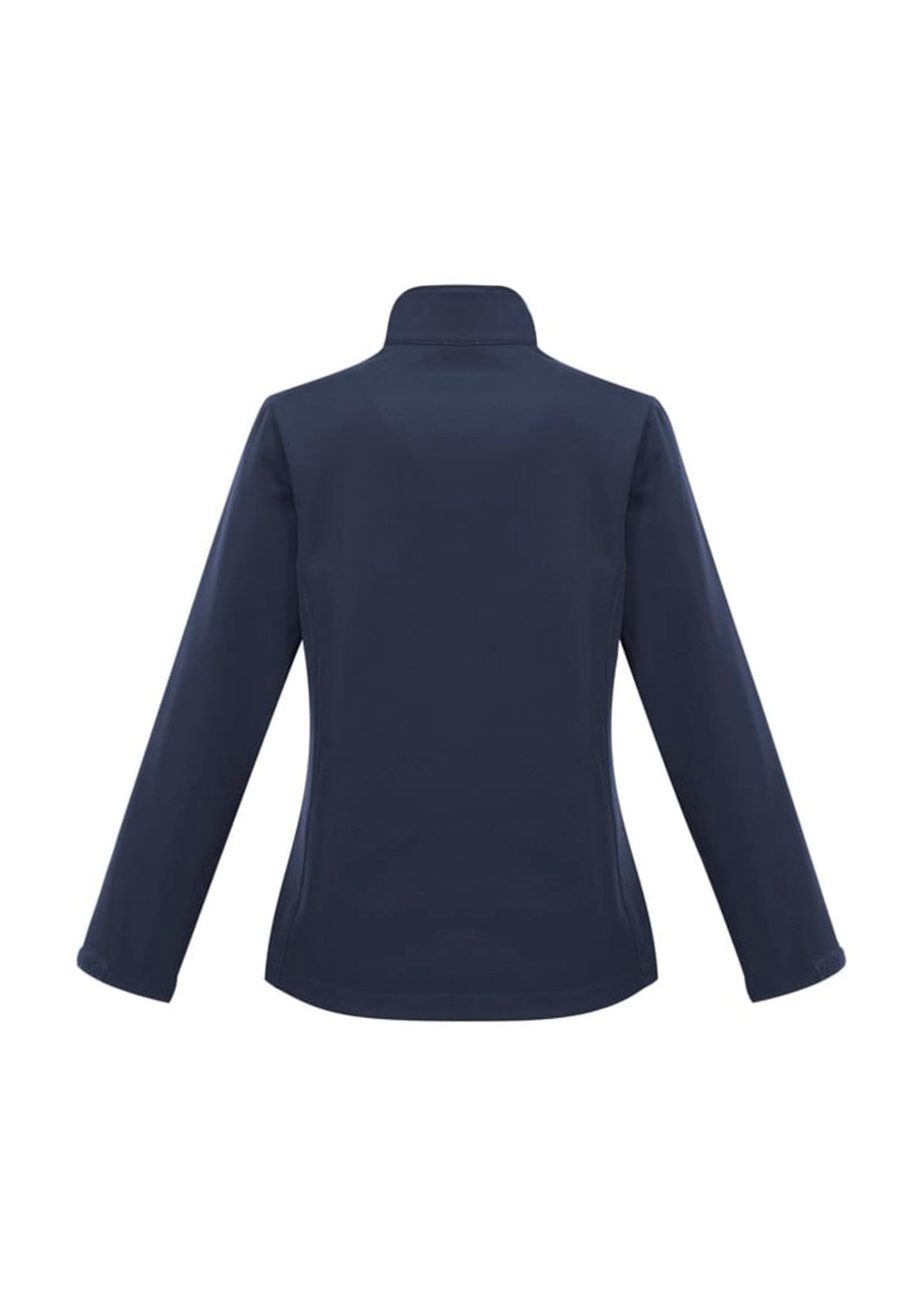 A women's soft shell jacket in navy blue, featuring a high collar and long sleeves. Branding is present.