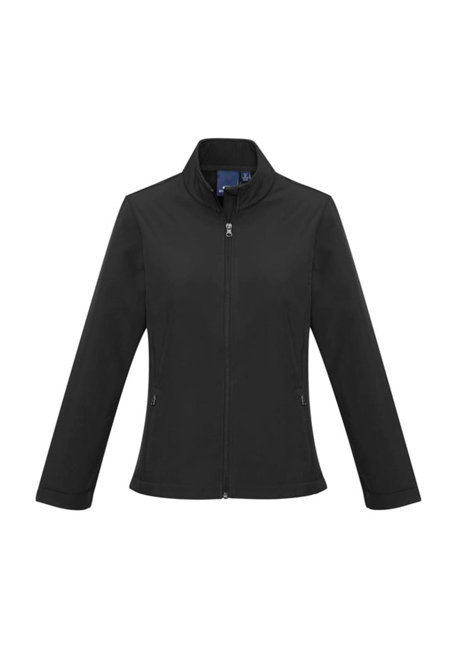 A black soft shell jacket featuring a high collar and zip front, with two side pockets and a branding logo.