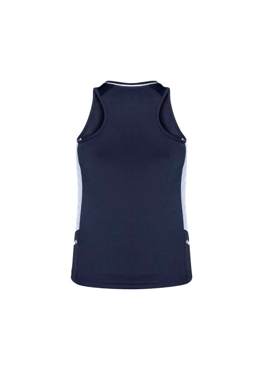 A navy blue women's singlet with white side panels, featuring a logo on the front.