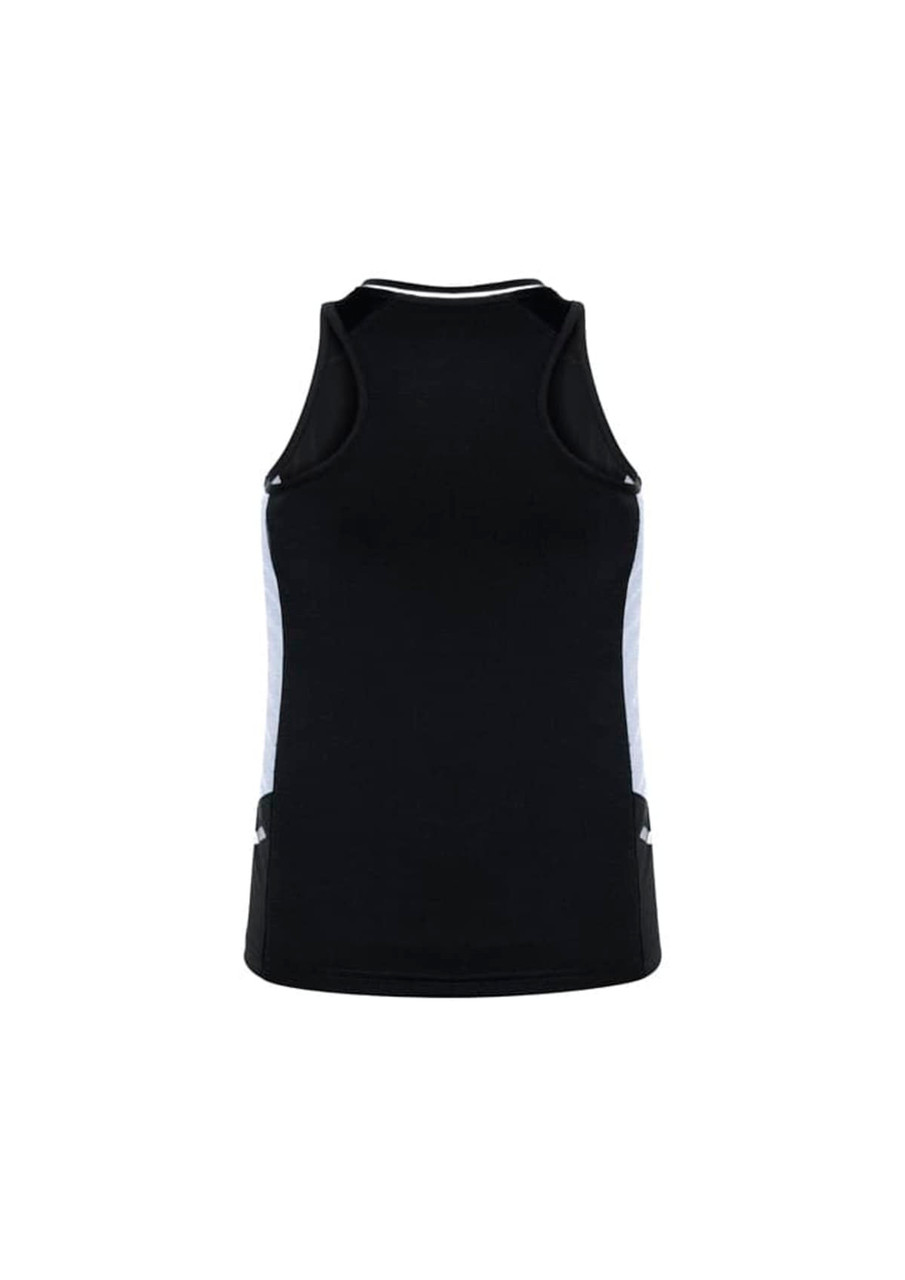 A black women's singlet featuring white side panels and a small logo on the front.