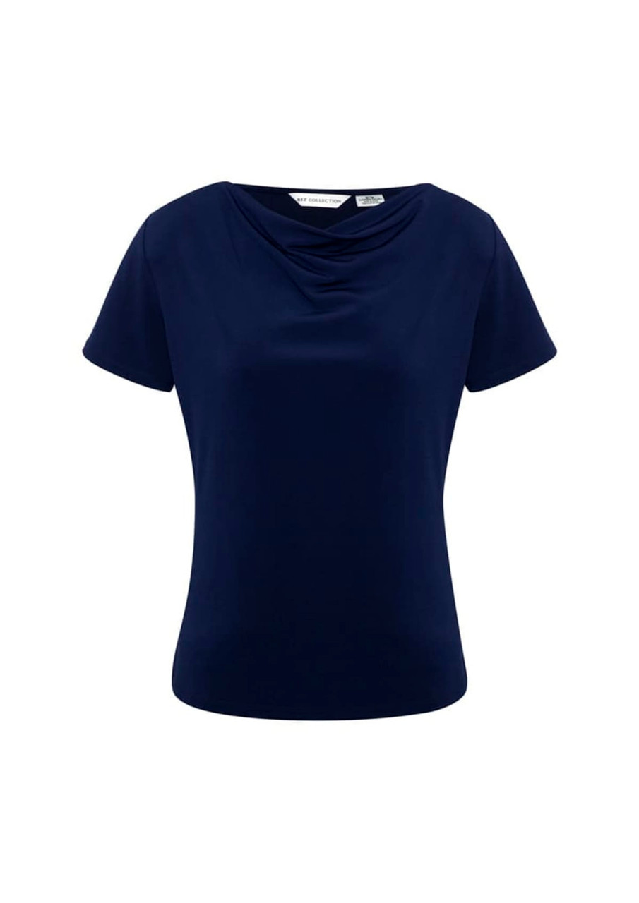 A navy blue women's top with a cowl neckline and short sleeves, featuring a logo.