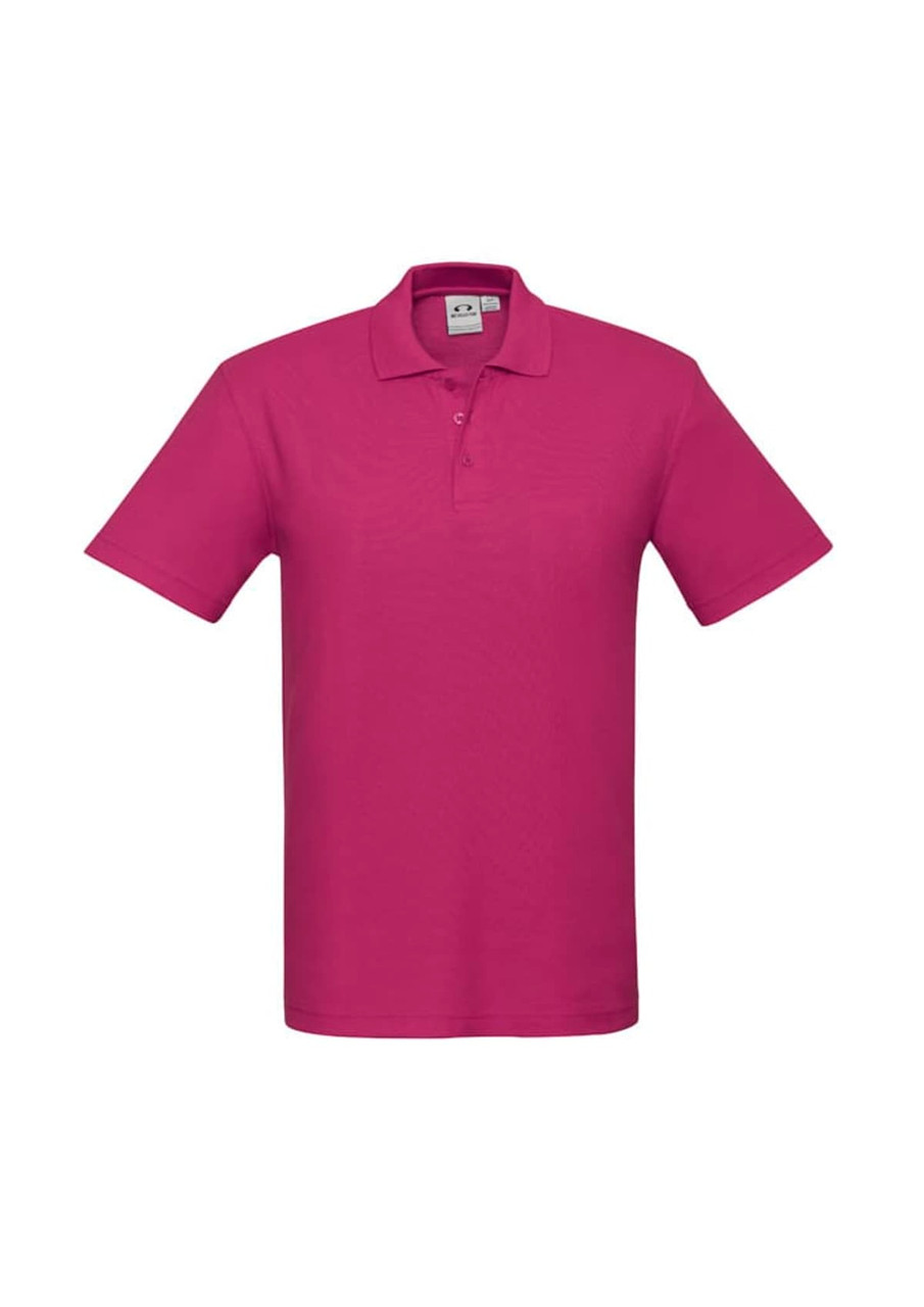 A magenta polo shirt with a classic collar and three buttons, featuring a logo on the chest.