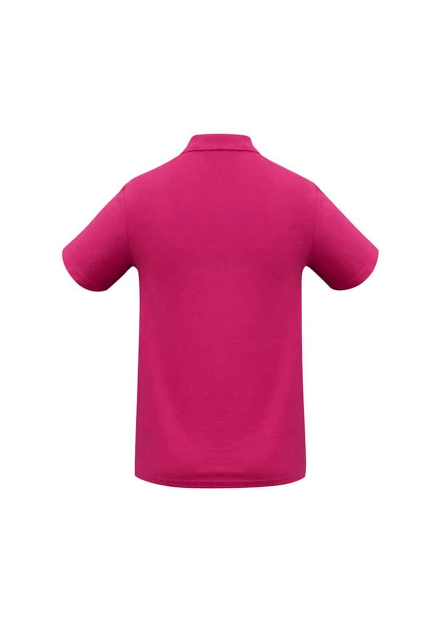A magenta men's polo shirt with a collar and short sleeves, featuring a logo on the side.