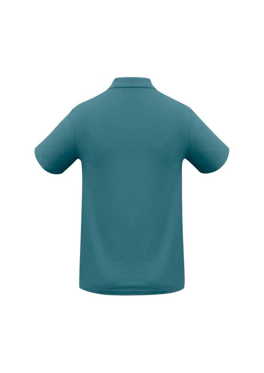 A teal men's polo shirt with short sleeves and a classic collar, featuring a branding logo.