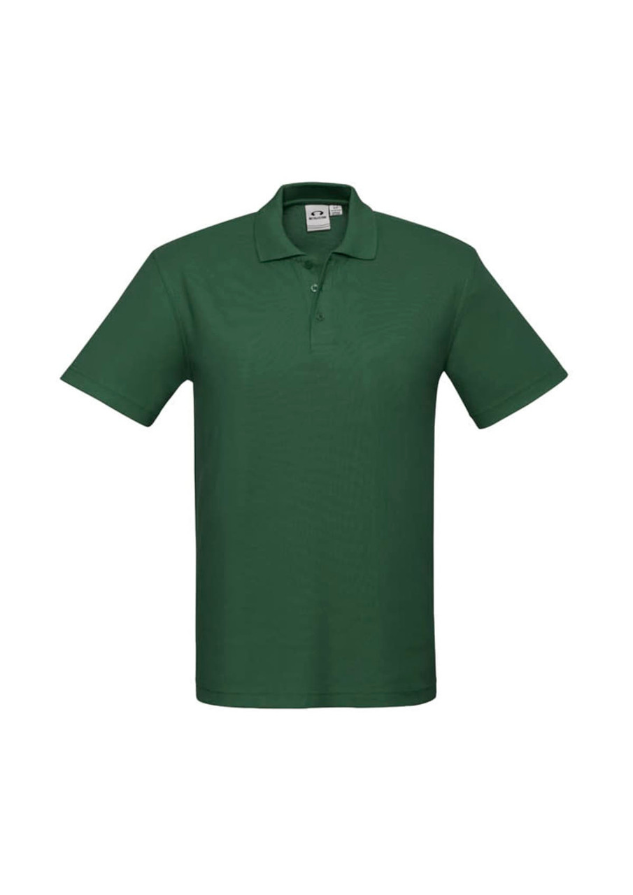 A green men's polo shirt with a collar and three buttons, featuring a logo on the left side.
