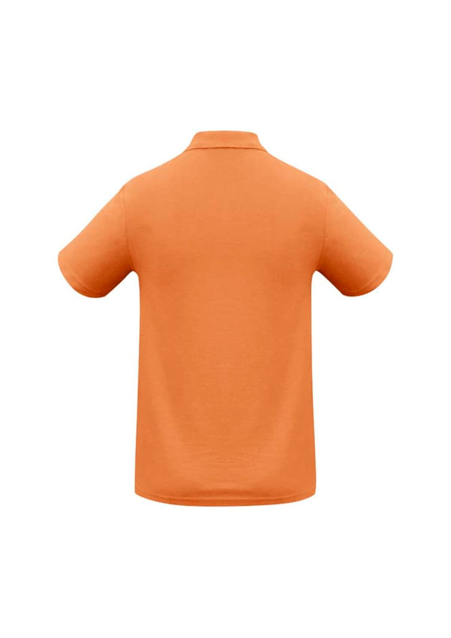 A back view of a short-sleeved, orange polo shirt with a collar and a logo.